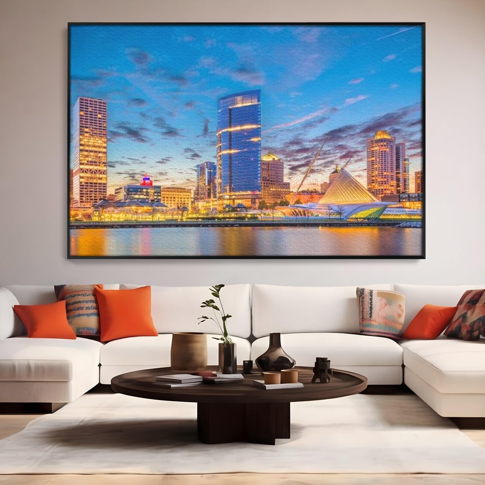 Tablou canvas cu panorami urbana nocturna milwaukee pe apa, in rama de aluminiu negru, pe perete intr-un living
